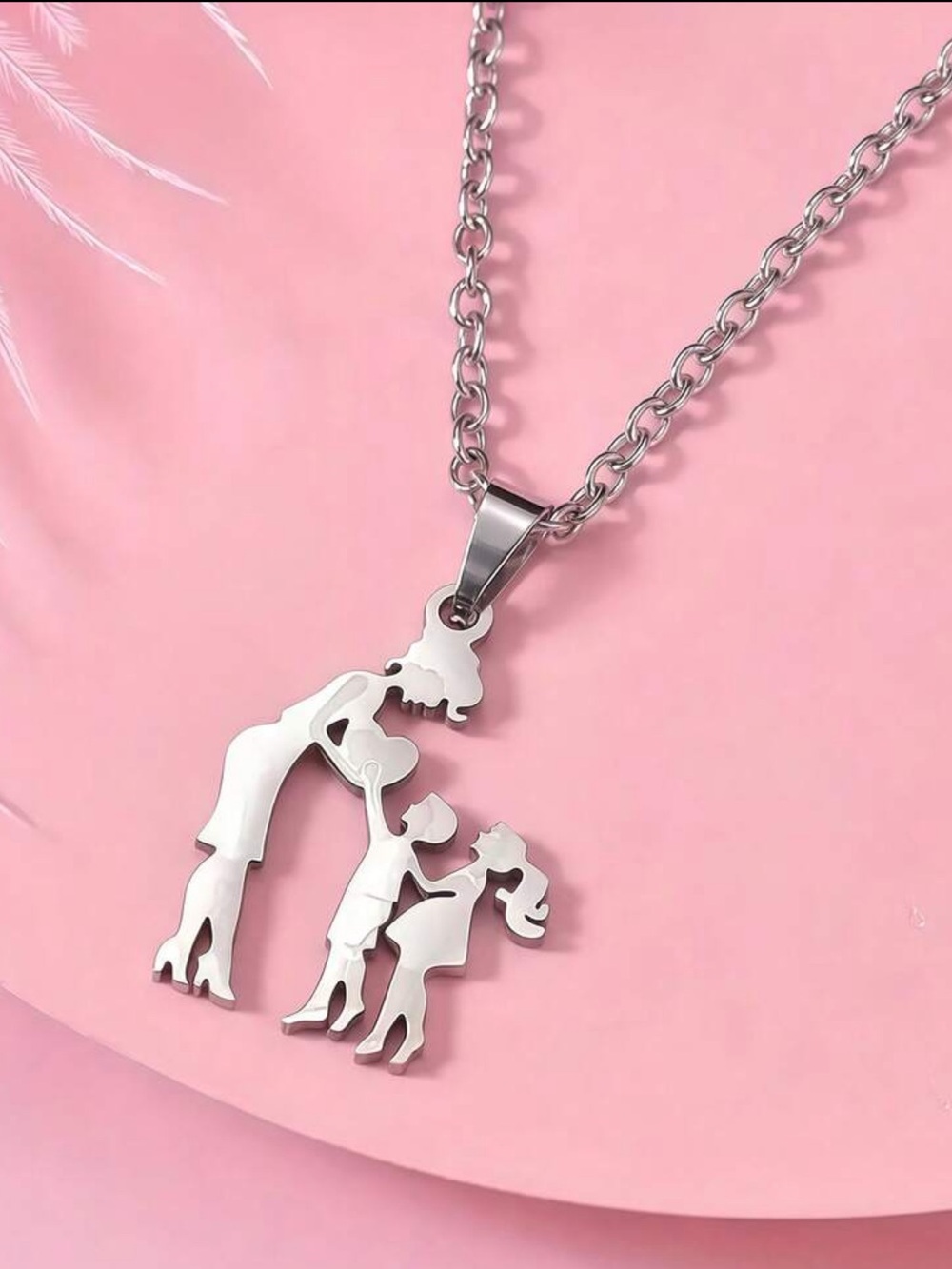Mother, Daughter and Son Stainless Steel Silhouette Necklace - Silver